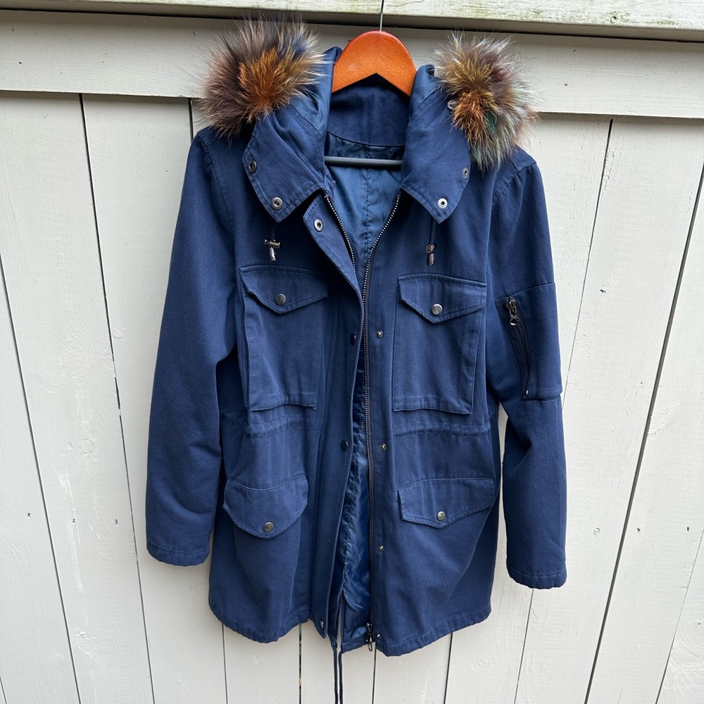 Jocelyn Fox Fur-Trim Utility Cargo Coat Navy Medium